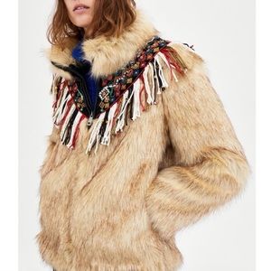 NWT Zara Embroidered Faux Fur Coat Embellished Jacket ~ Small